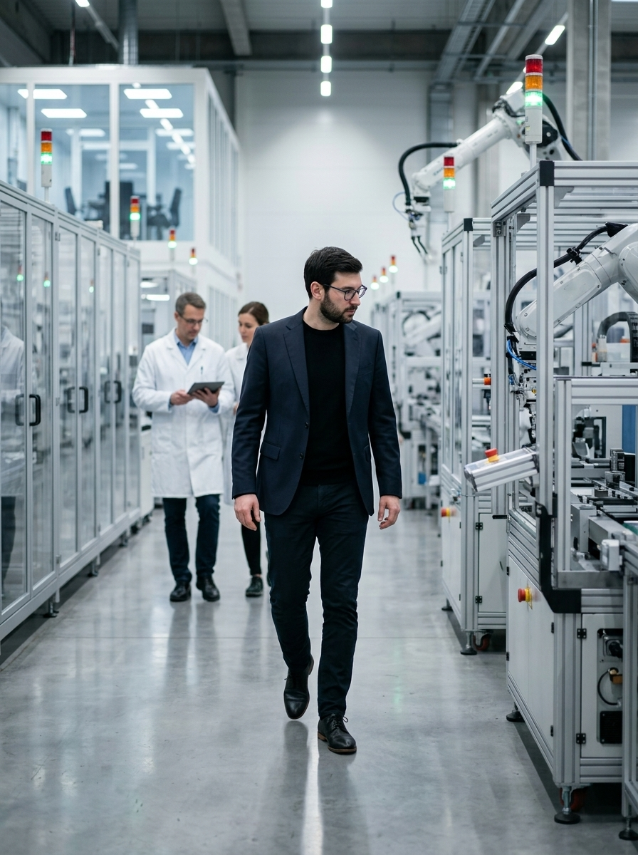 Efthymios Vogiatzis on a manufacturing floor